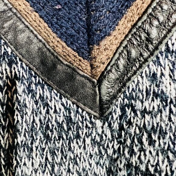 Vintage 80s Urban Works V Neck Dad Sweater Leather Trim Black White - L - Picture 5 of 7